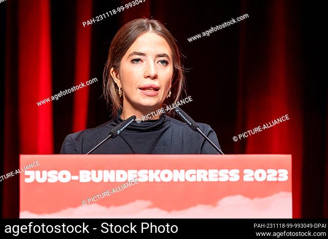 18 November 2023, Lower Saxony, Brunswick: Manon Luther, Juso top candidate for the European elections, speaks at the national congress of the Young Socialists...