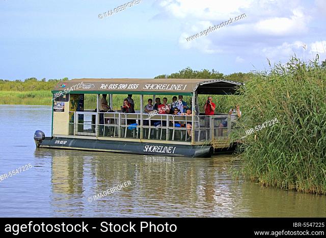 Excursion boat, tourists on boat safari, St Lucia, St Lucia Estuary, Isimangaliso Wetland Park, Kwazulu Natal, South Africa, Africa
