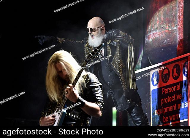 L-R guitarist Richie Faulkner and singer Rob Halford of Judas Priest music band perform during the Masters of Rock international metal music festival in...