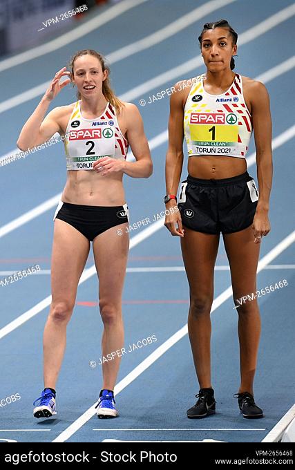 Belgian Noor Vidts and Belgian Nafissatou Nafi Thiam pictured before the start of the 800m race, the last of the five women pentathlon event
