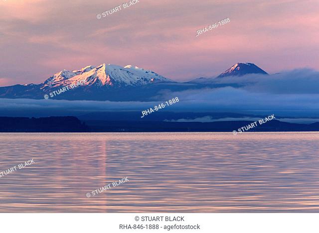 Lake Taupo with Mount Ruapehu and Mount Ngauruhoe at dawn, Taupo, North Island, New Zealand, Pacific