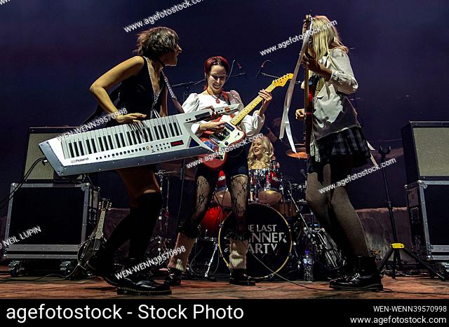 BIRMINGHAM, ENGLAND: The Last Dinner Party perform on stage at the Birmingham Resorts World Arena. Featuring: Aurora Nishevci, Emily Roberts, Lizzie Mayland