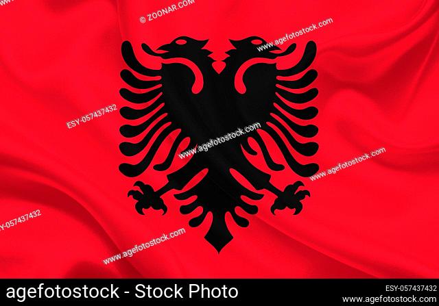 Flag of the country of Albania on a background of wavy silk fabric panorama