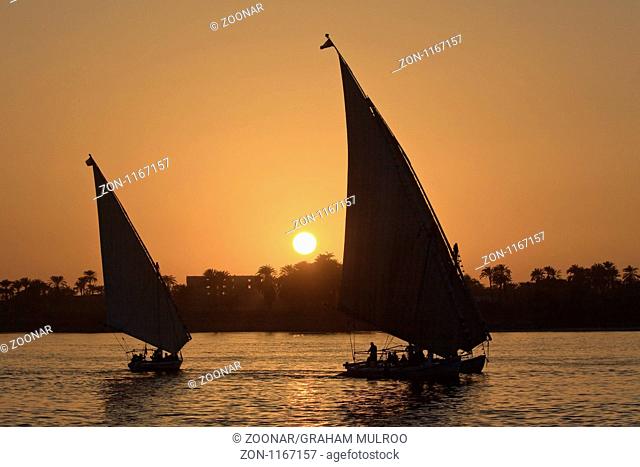 Egypt Luxor Faluka On The Nile At Sunset