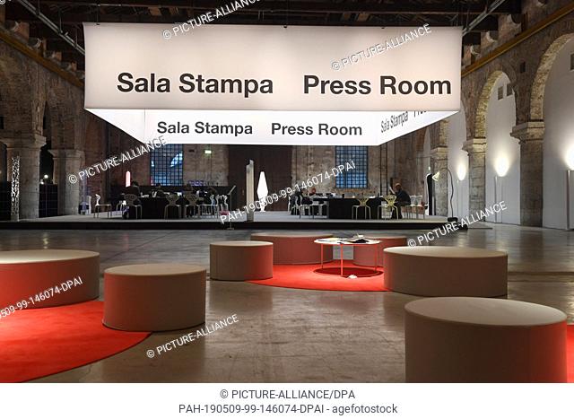 08 May 2019, Italy, Venedig: The unoccupied press centre will be illuminated in the evening at the Art Biennale Venice 2019