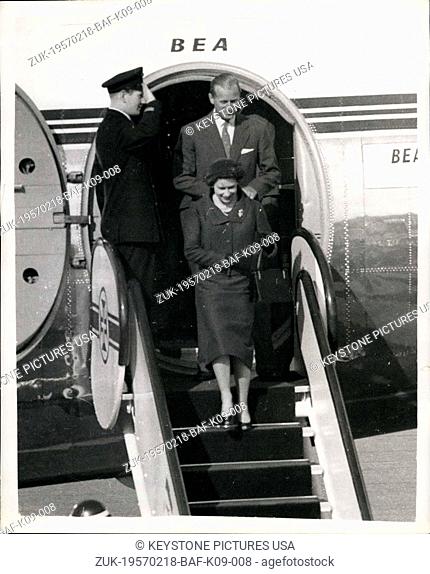 Feb. 18, 1957 - Queen and Duke Reunited: H.M. The Queen and The Duke of Edinburgh who have been parted for four months while the Duke has been on his...