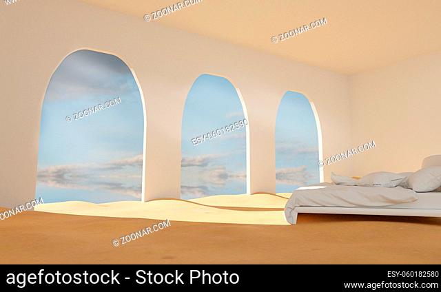 White empty bedroom filled with desert sand, rays of sunlight fall through the doorway. 3d rendering