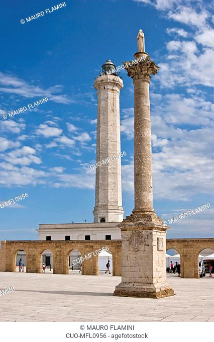 Column and Lighthouse Sanctuary Santa Maria De Finibus Terrae, Leuca, Lecce, Puglia, Italy, Europe