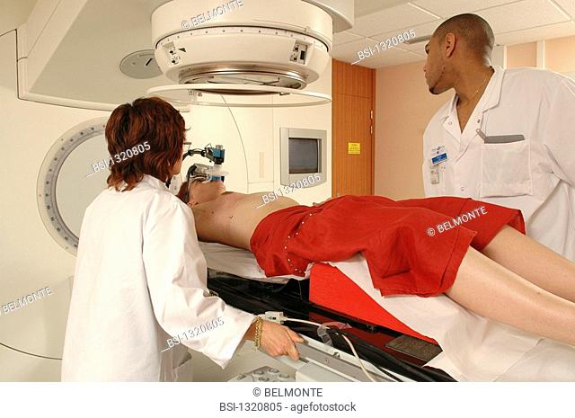 RADIOTHERAPY<BR>Photo essay from hospital.<BR>Radiotherapy unit at the Hôpital Saint Louis in Paris. Radiation therapy for breast cancer with respiratory gating