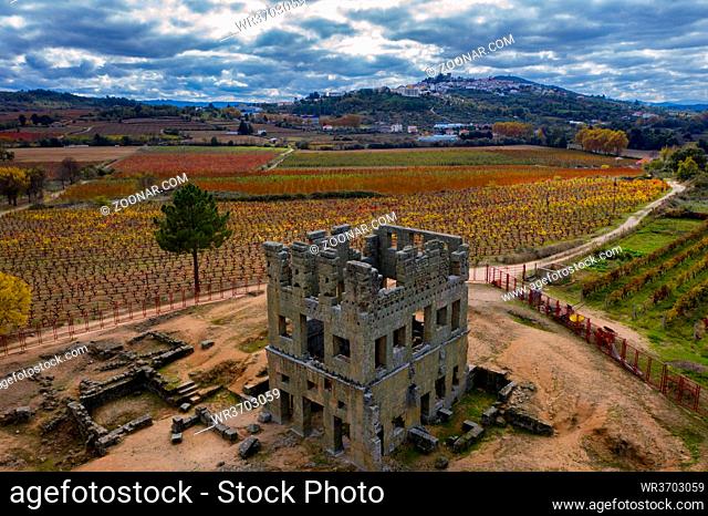 Centum Cellas mysterious ancient tower drone aerial view in Belmonte, Portugal