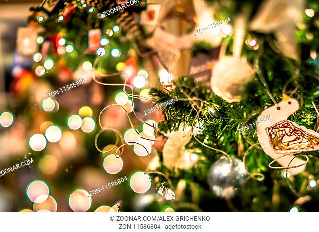 christmas tree and decorations with shallow depth of field