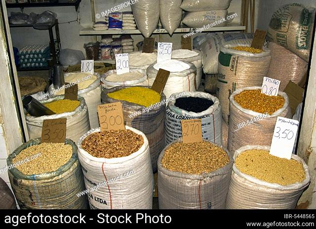 Market stall with spices, central market 'Mercado Central', Sao Luis, Maranhao State, Brazil, South America