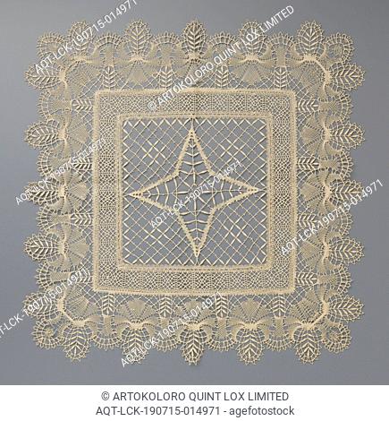 Tea tablecloth made of bobbin lace with four-pointed star in diamond-shaped grid, Tea tablecloth made of natural-colored bobbin lace: Cluny lace