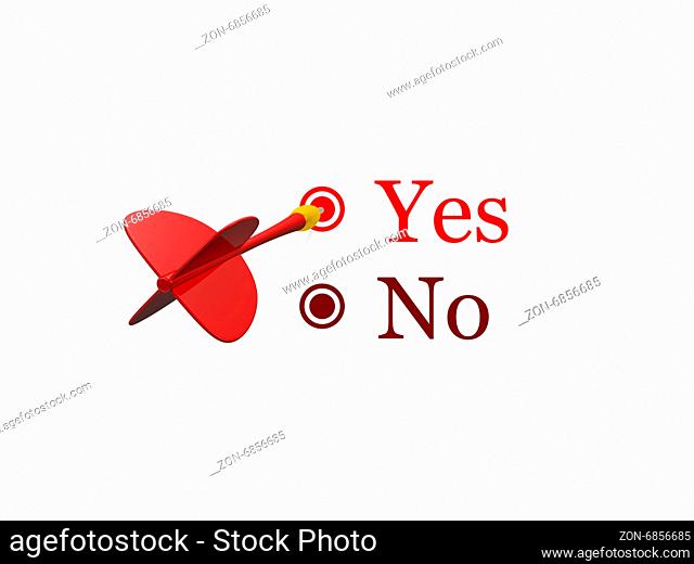 Approval form, survey with red plastic dart arrow and targets, yes or no choices, isolated on white background