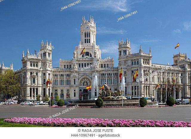 Building, Cibeles, City Hall, Madrid, City, Spain, Europe, Square, architecture, flowers, fountain, spring, tourism, travel