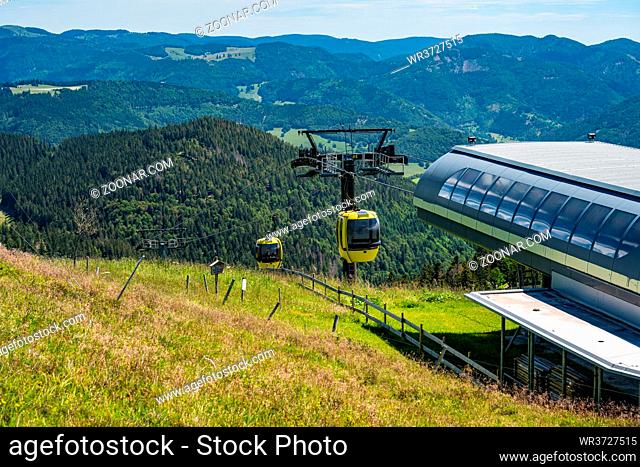 Beautiful view from the Mountain (Belchen) near Freiburg on the beautiful landscape of the Black Forest and the (Belchenbahn) ropeway