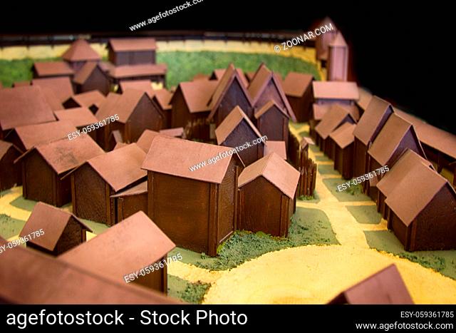 archaeology, local lore, History and Economy, museum of natural history, area study. Clear wooden model of Russian medieval city (bastide, burg) Izborsk