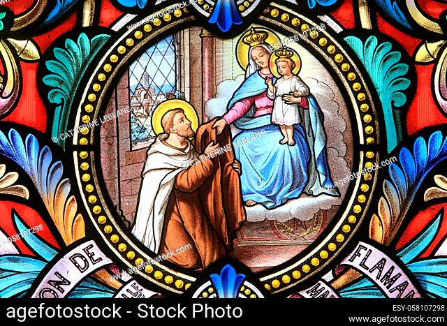 Saint Anthony of Padua, the Virgin Mary and the infant Jesus Christ. Stained glass window. Our Lady of La Salette. La Salette-Fallavaux. Isere