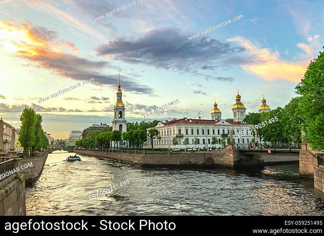 Saint Petersburg sunset city skyline at Saint Nicholas Naval Cathedral, Saint Petersburg, Russia