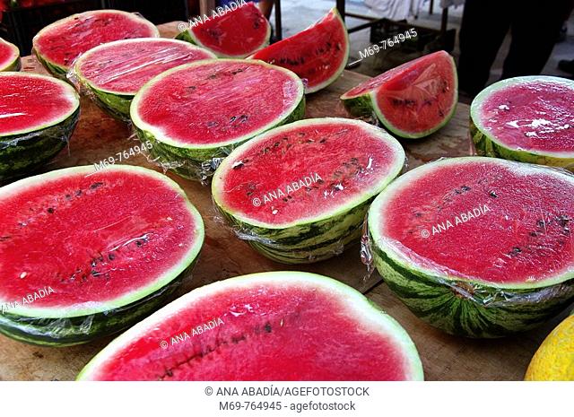 Watermelons for sale at market, Santanyi. Majorca, Balearic Islands, Spain