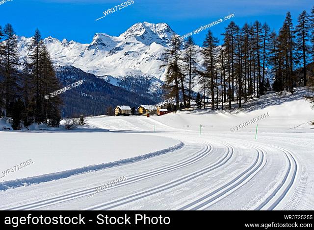 Langlaufloipen auf dem zugefrorenen Champfersee, hinten Gipfel Piz de la Margna, Champfer, Engadin, Graubünden, Schweiz / Cross-country skiing trails on the...