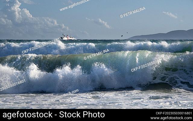 Big waves on the rough Tyrrhenian Sea sea in Piombino, Italy on April 13, 2023. (CTK Photo/Petr Malina)