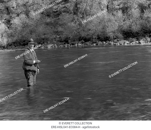 Former President Herbert Hoover fly-fishes for steelhead trout on the Klamath River. California, 1933. As he left the Presidency, he said