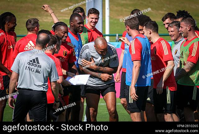 Belgium's assistant coach Thierry Henry (C) and Belgium's players pictured during a training session of the Belgian national soccer team Red Devils, in Tubize