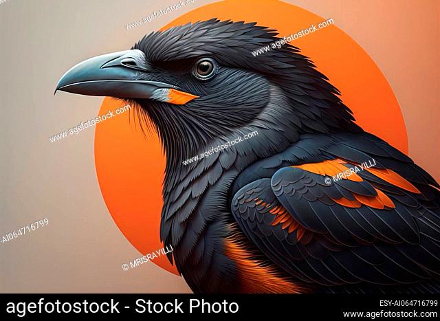 Close up portrait of a black raven, Corvus corax. ai generative
