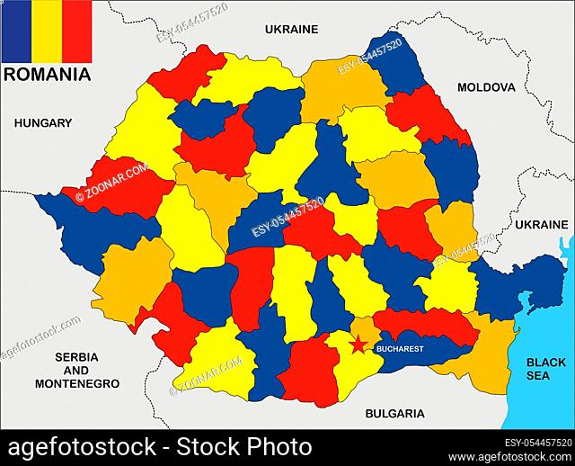 political map of Romania country with flag and regions