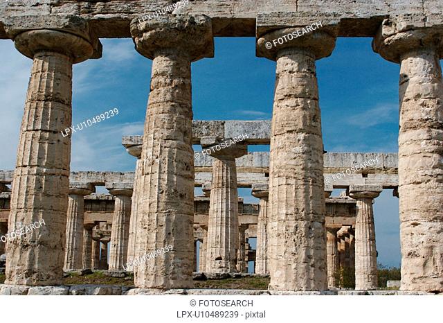 Greek Temples in Campania, Italy: foreground - Basilica aka Temple of Hera I, Background - Temple of Neptune Poseidon aka Temple of Hera II, detail view