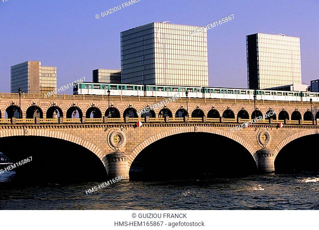 France, Paris, banks of the Seine river listed as World Heritage by UNESCO, Pont de Bercy and National Library of France-Francois Mitterrand