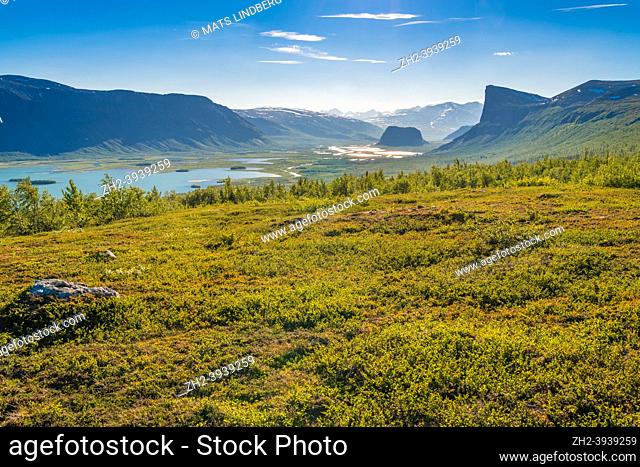 View over Sarek nationalpark with mount Skerfe and Mount Namatj and mountains of Sarek in background with snow on top, Jokkmokk county, Swedish Lapland, Sweden