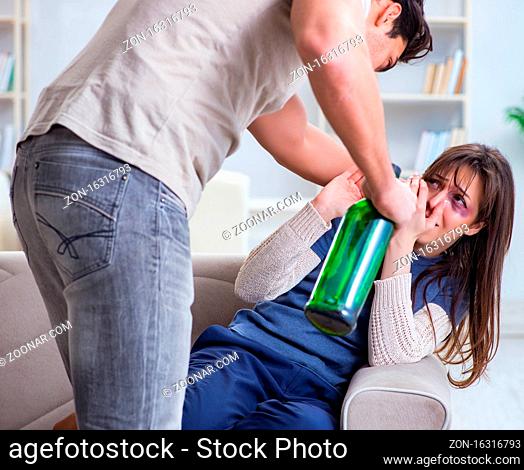 The drunk husband abusing wife in domestic violence concept