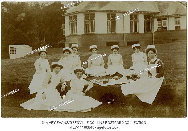 Nurses having a picnic in the grounds at The Royal Victoria Hospital, founded in 1894 and Polton Farm Colony, founded in 1910