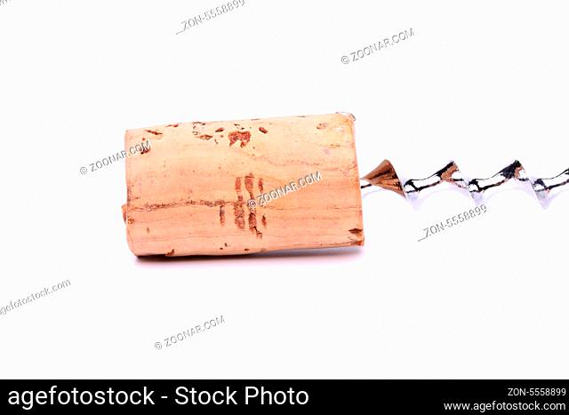 Cork and corkscrew together on a white background