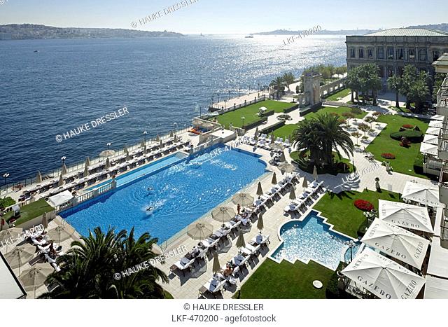 View over a hotel complex with pool at the Bosphorus, Ciragan Palace, Istanbul, Turkey