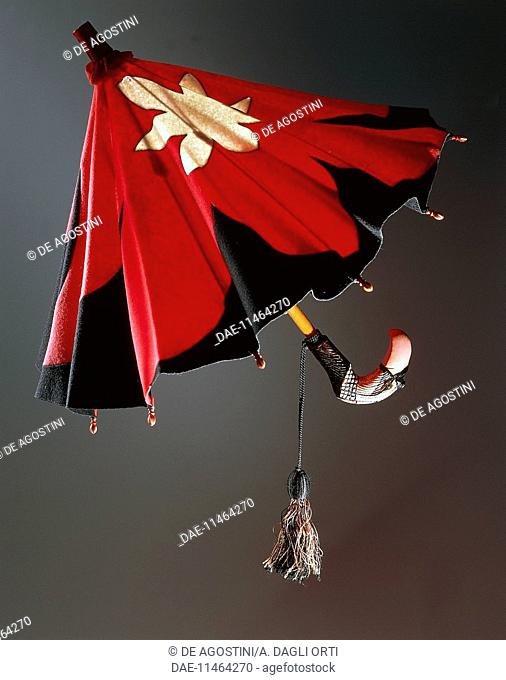Parasol in red and black felt with white splash decoration and bird shaped handle, from 1920 to 1930.  Gignese, Museo Dell'Ombrello E Del Parasole (Umbrella'S...