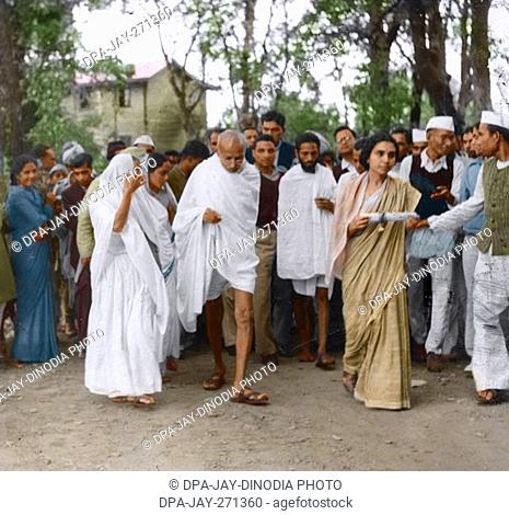Mahatma Gandhi walking with Dr Sushila Nayar and others, India, Asia, 1938