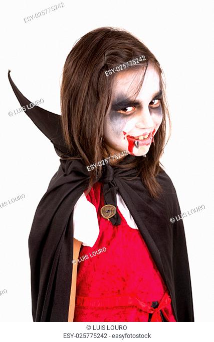 Girl with face-paint and Halloween vampire costume isolated in white