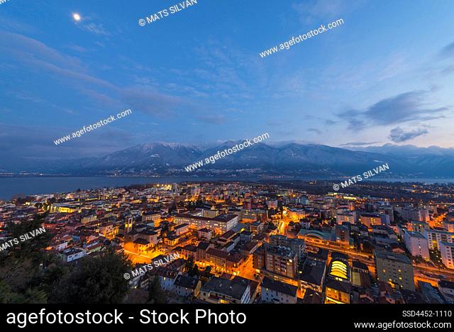 Panoramic View over Cityscape of Locarno at Night in Ticino, Switzerland