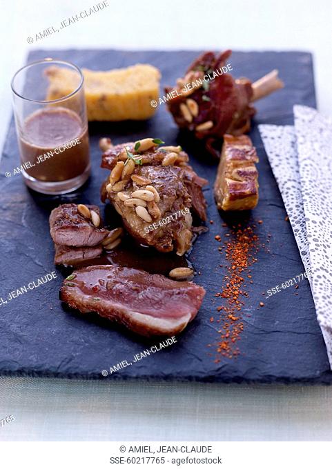 Variations around duck and pine nuts: confit, magret, wings and crust paté