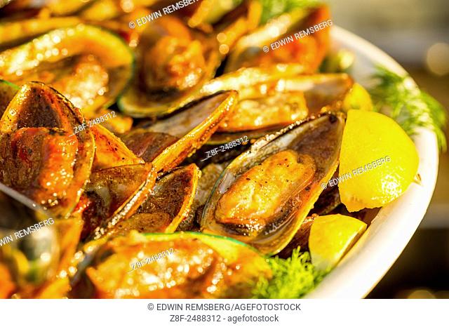 Close up of a plate of spicy mussels in Baltimore, Maryland, USA