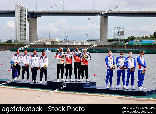07 August 2021, Japan, Tokio: Canoe: Olympics, Kayak Four, 500m, Men, Final in Sea Forest Waterway. Kayak foursome from Germany (M) with Max Rendschmidt