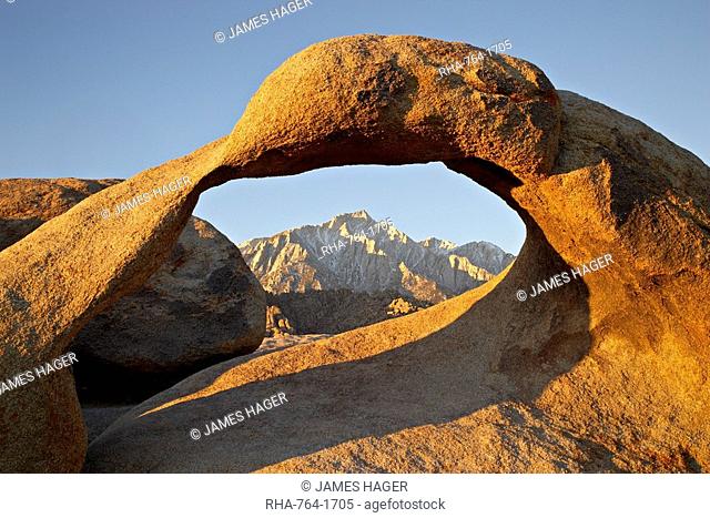 Mobius Arch and Eastern Sierras at dawn, Alabama Hills, Inyo National Forest, California, United States of America, North America