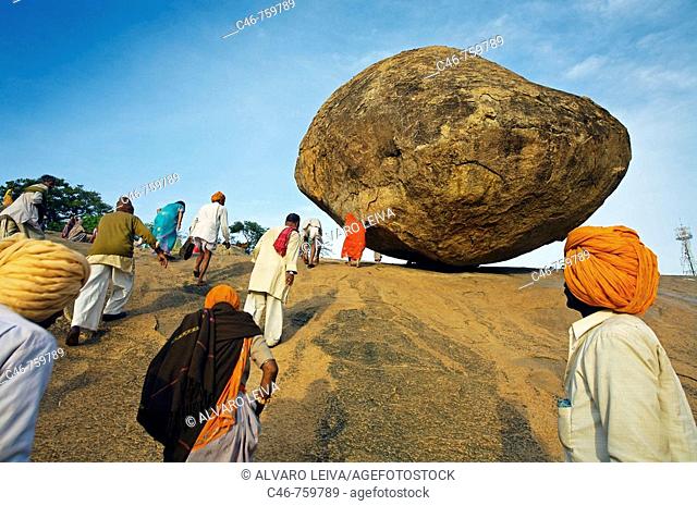 Krishna's butter ball dangerously balanced boulder, Mahabalipuram (Mamallapuram), Tamil Nadu , India