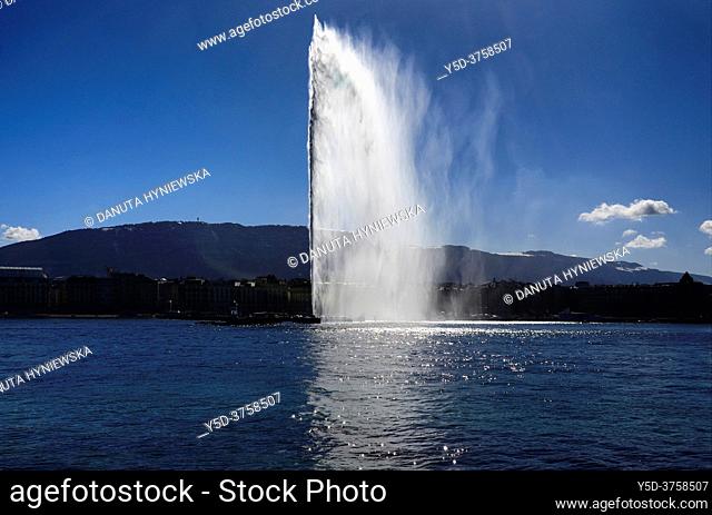 Famous, huge fountain Jet d'Eau on Geneva Lake, powered by jet engine, Geneva, Switzerland, Europe