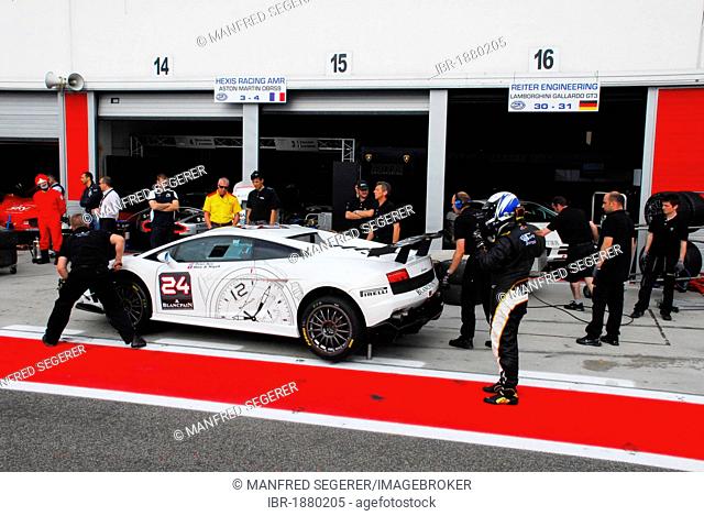 Lamborghini Gallardo, driven by Marc A. Hayek and Peter Kox in the pit lane at the Adria Raceway, Italy, Europe