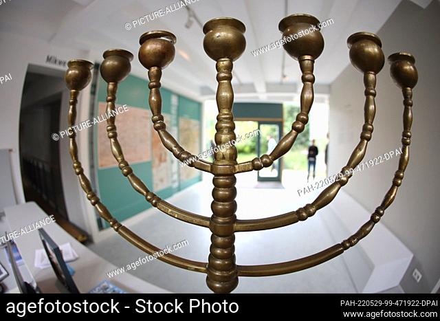 29 May 2022, Saxony-Anhalt, Halberstadt: View of a seven-branched candelabrum , also called menorah, in the Behrend Lehmann Museum