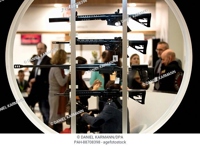 Machine guns on display at the IWA Outdoor Classics trade show for weapons, hunting, outdoor and safety in Nuremburg, Germany, 03 March 2017